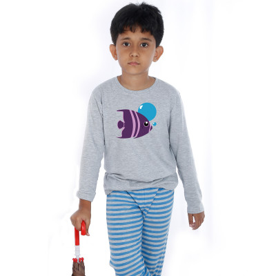 Grey Full Sleeve Boys Pyjama - Fish